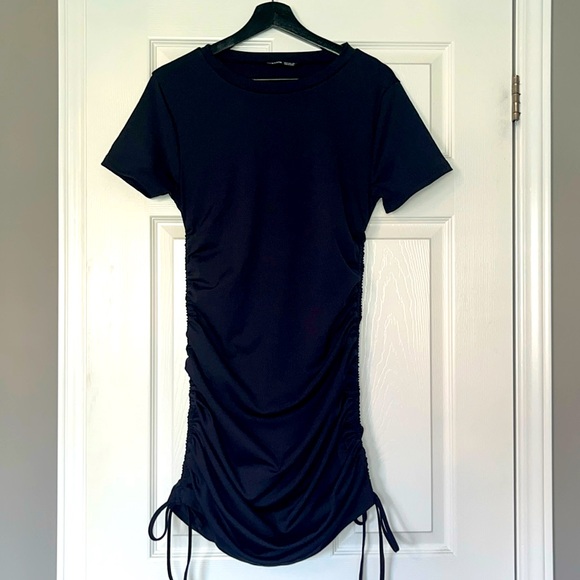 Drawstring Detail Stretch Navy Blue Dress - Picture 2 of 8